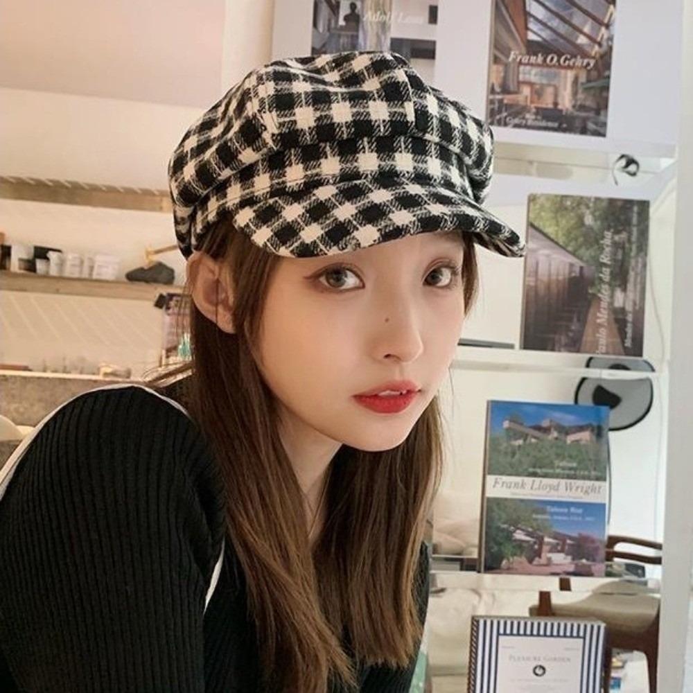 Small Fragrant Style Women Painter Hat Korean Style Women Octagonal Cap Plaid Beret Hat  Outdoor