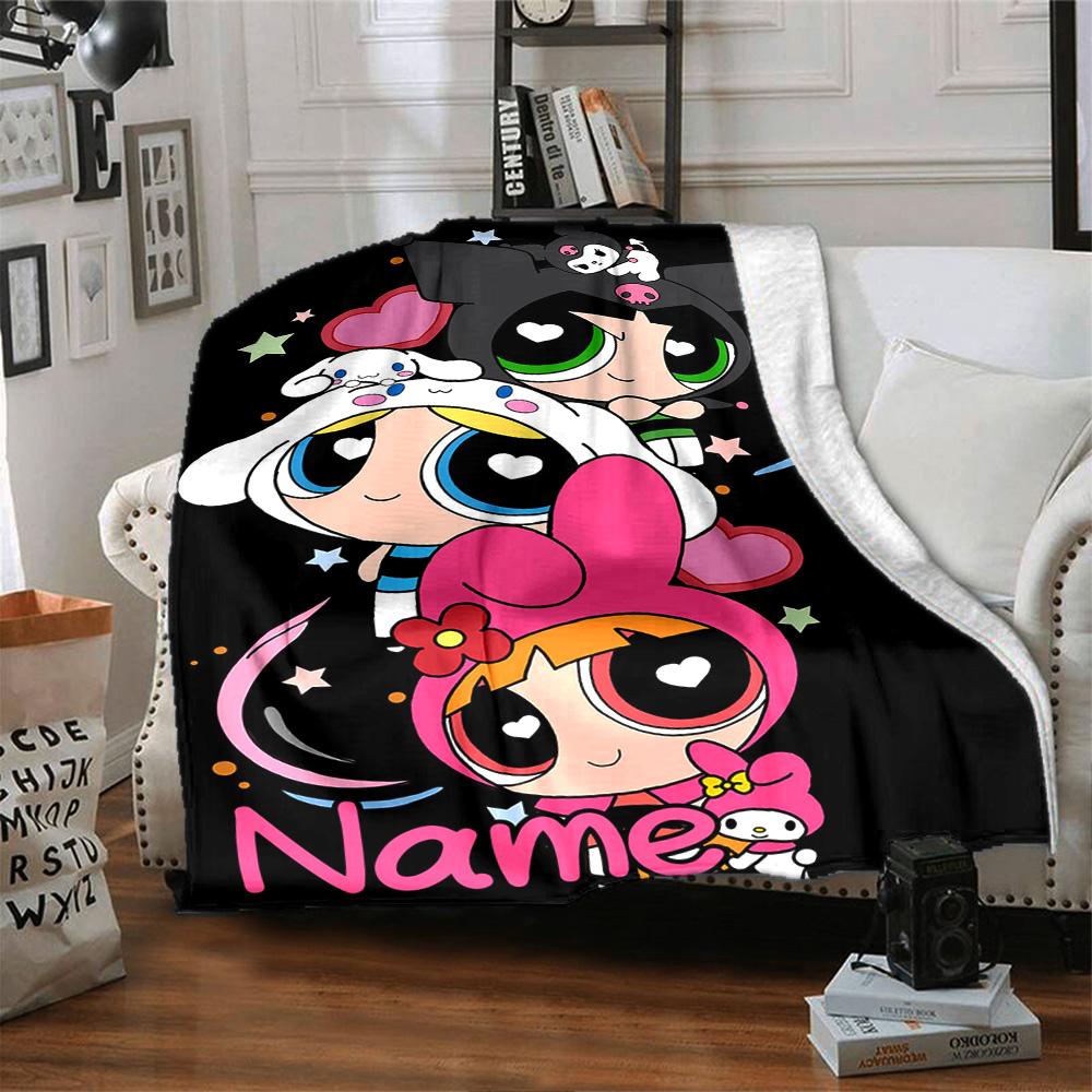 Custom Name Powerpuff Girls Adventure flannel Blanket for Super Soft Cute Comfort Blanket for Travel Bedding Couch Sofa Blanket