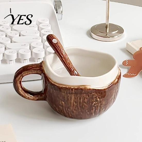 Heat Resistant Hot Drink Mug Vintage Coconut Shell Ceramic Mug, Handmade Irregular Coffee Cup with Spoon, Unique Textured Breakfast Bowl Rustic