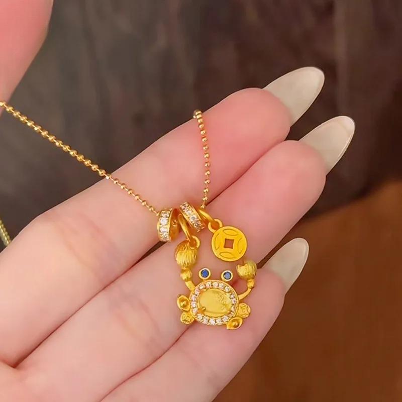 Real Gold Store Same Style Women's Gold Necklace Diamond Brushed Crab Pendant Collarbone Chain Luxury Jewelry