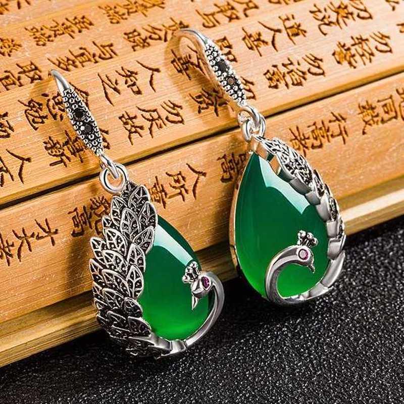 Sace Gems Серьги с зеленым агатом в национальном стиле, женские серьги с красным корундом, павлином, зеленым халцедоном, серьги в дворцовом стиле, ретро-украшения