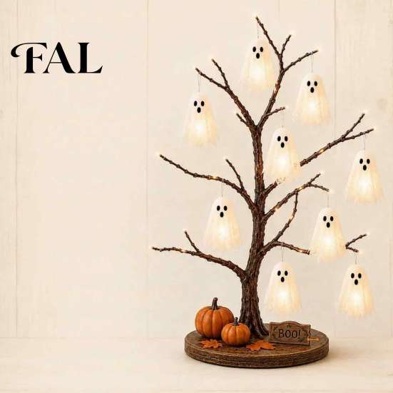 Warm White Spooky Ornament Glowing Ghost Tree Halloween Tabletop Decor, LED Lighted with Backdrop Props for Photography Hanging Ornaments Home,