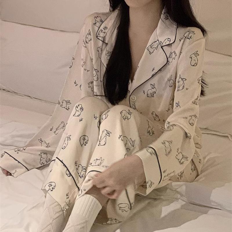 Women's Cute Korean Rabbit Ice Silk Pajamas - Long-Sleeved Spring/Autumn Suit