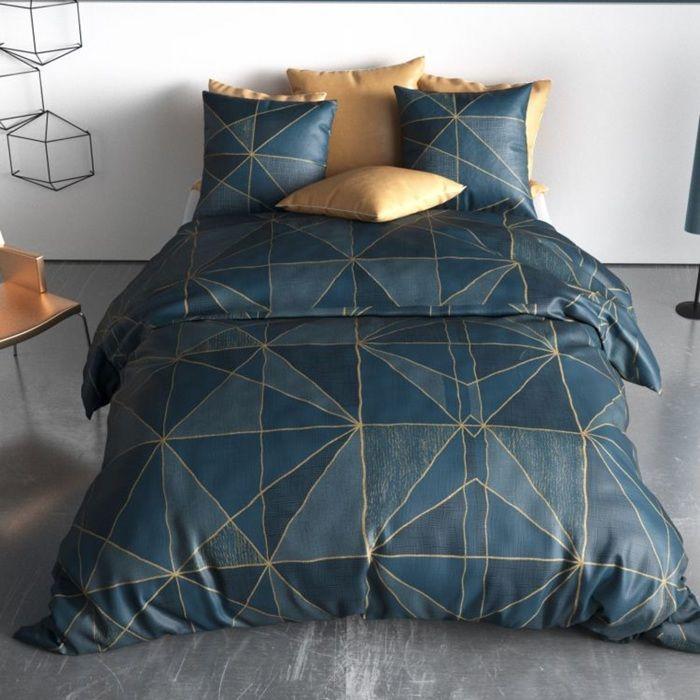 Parure De Lit - Housse Couette 220x240 Cm - 2 Taies - Graphique Doré - Bleu Pétrole