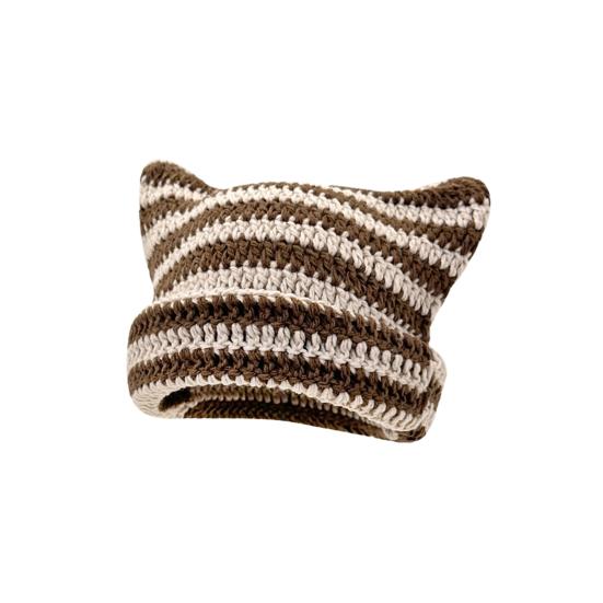 Женская вязаная шапка с кошачьими ушками, полосатая, контрастного цвета, высокая эластичность, противоскользящая, мягкая, толстая, теплая, ветрозащитная, унисекс, зимняя шапка-бини без полей