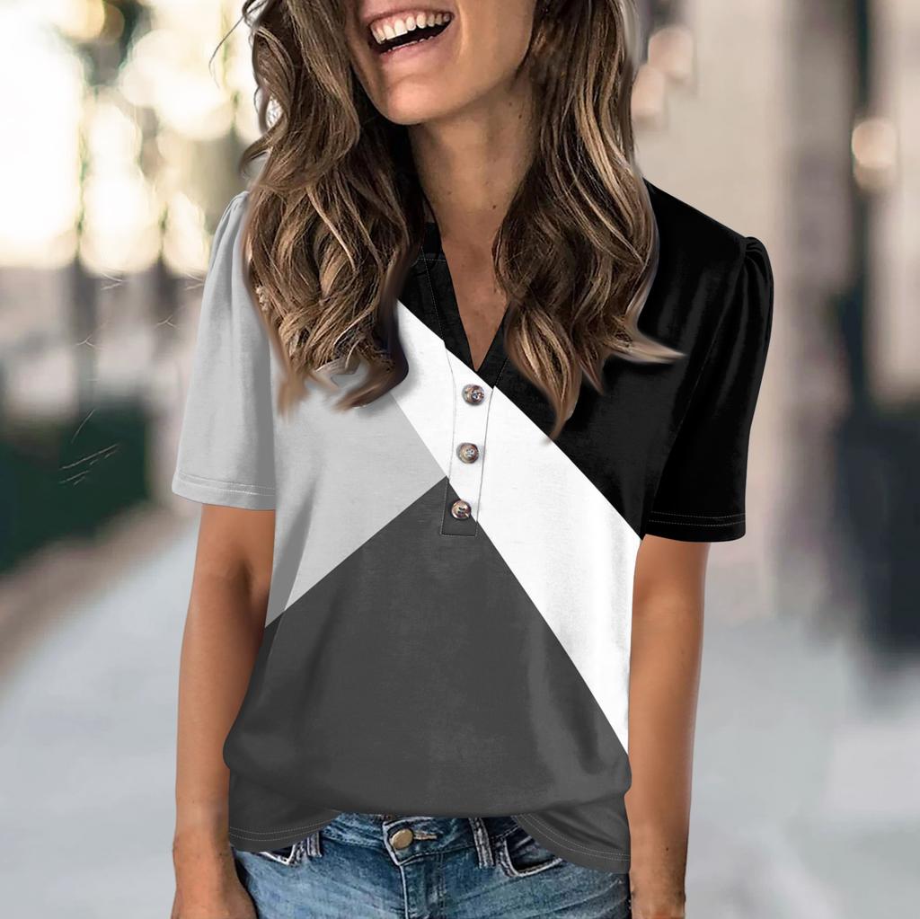 Женская модная повседневная футболка с цветными блоками и принтом в виде V-образного выреза с коротким рукавом и пуговицами