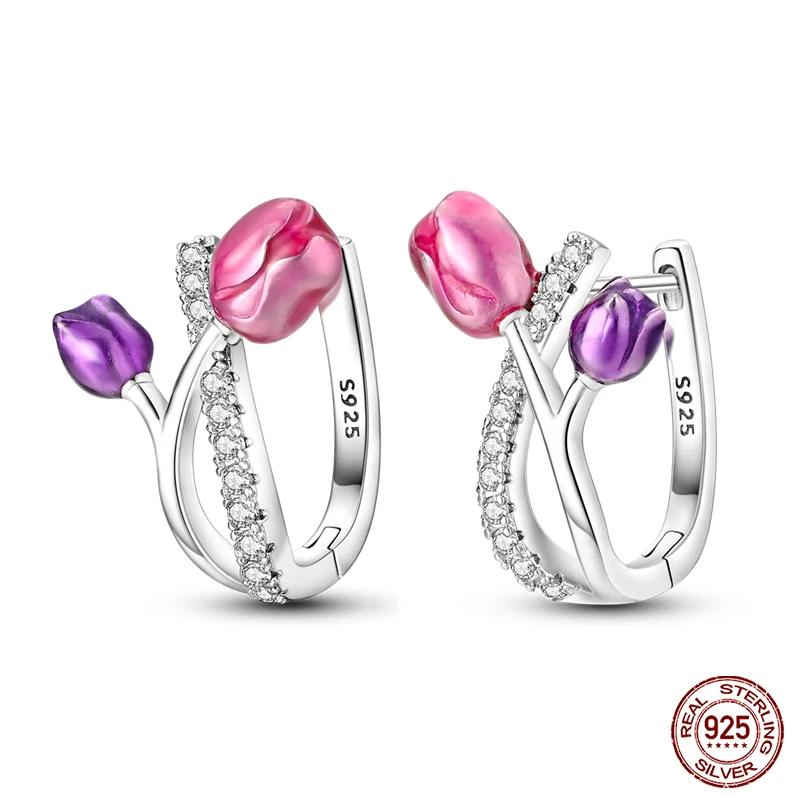 Trendy Colored Tulip Earrings for Women 925 Sterling Silver Cubic Zircon Butterfly Double Hoop Earrings Fine Engagement Jewelry