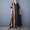New Women 2025 Plus Size Summer Casual Stripe Dress Long Dress Loose Vintage Basic V-Neck Maxi