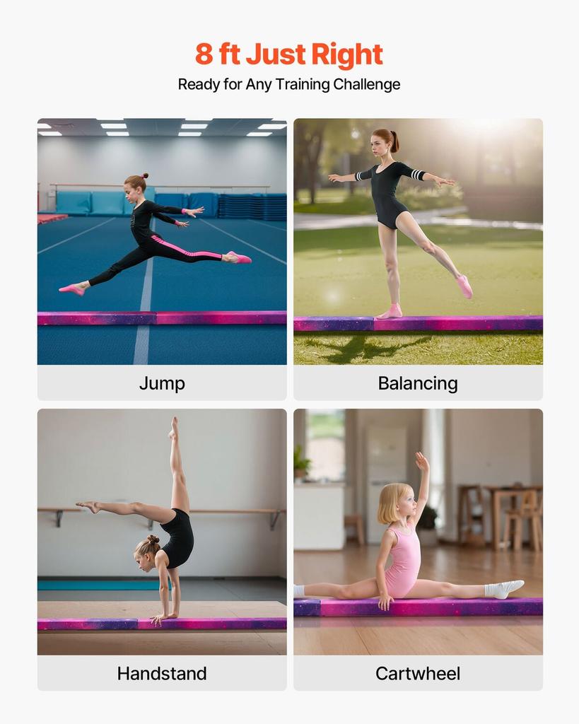 8FT Folding Balance Beam for Kids, 136.1KG Stable Support Gymnastics Floor Beam with Non-Slip Mat, Wood-Core Gymnastics Training Equipment with