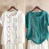 O-Neck Short Sleeve Loose Fit Women Shirt Embroidery Flower Print Buttons Decor Shirt Top Streetwear