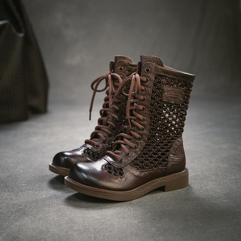 Johnature Ретро Дышащие Летние Ботильоны с Перфорацией из Натуральной Кожи Универсальная Модная Женская Обувь