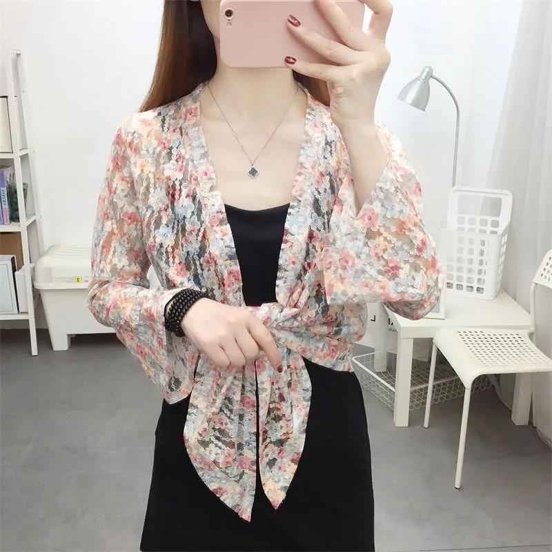 WTEMPO Повседневные однотонные кружевные солнцезащитные шали с цветочным принтом, пальто женские, весна-лето, повседневные, универсальные, тонкие, дышащие кардиганы