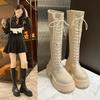Platform Lace-up Boots Women's Autumn and Winter New Elastic Shows Skinny and Heightens Little Man Knee-Free Long Knight Boots