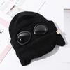 Unisex knitted goggles integrated hat, 3-in-1 outdoor cold hat (including mask and ear protectors) black