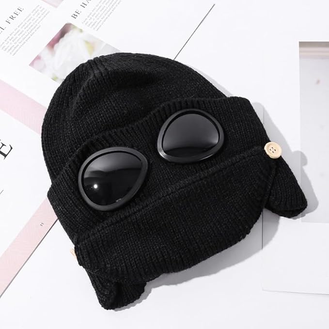 Unisex knitted goggles integrated hat, 3-in-1 outdoor cold hat (including mask and ear protectors) black