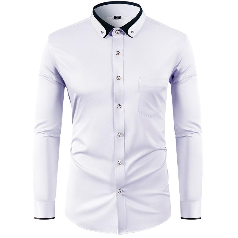 Four Sided Elastic Shirt for Men Color Blocked Diamond Button Lapel Shirt Casual No Iron Formal Wear Shirt