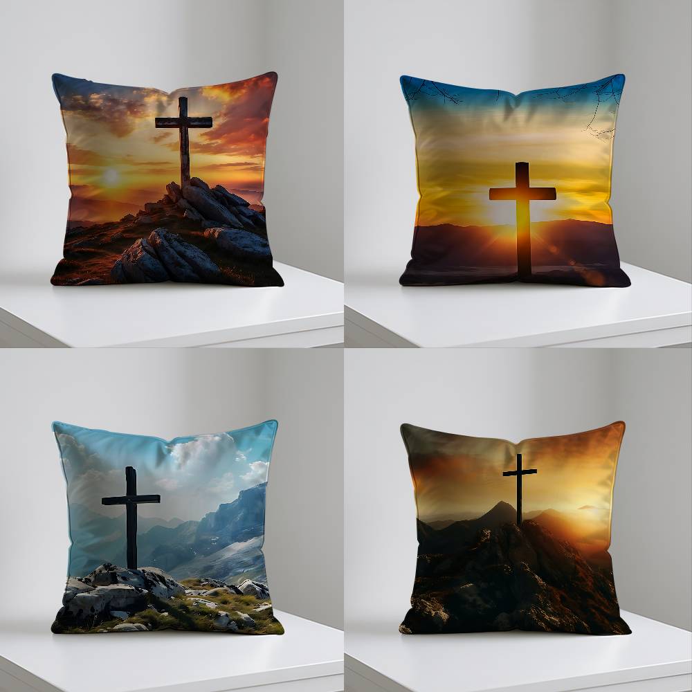 Modern Christian Cross On The Top Of The Mountain Case Plush Fabric Soft Pillowcase Double Sided Print Cushion Cover Household