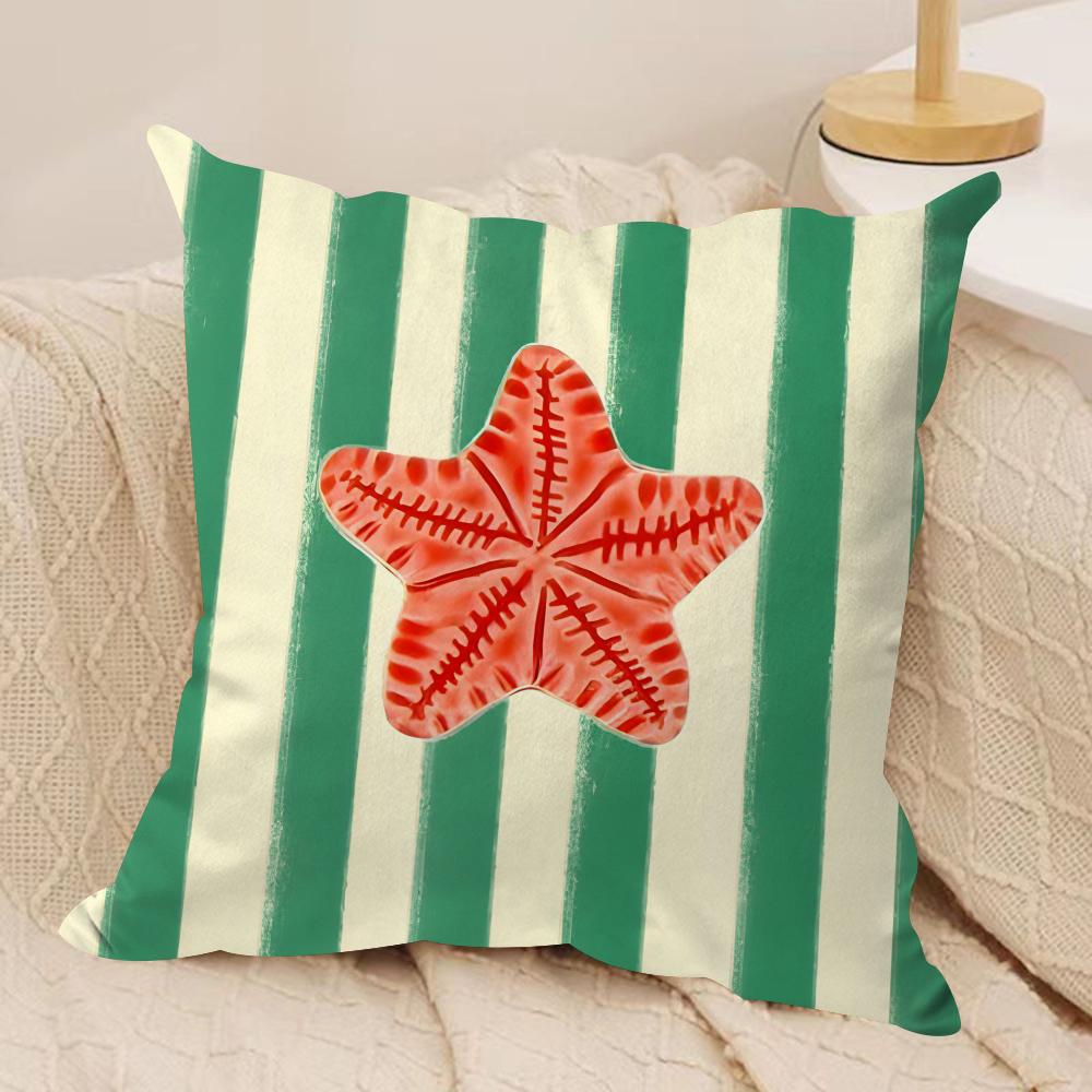 Ocean Life Theme Striped Double-Sided Printed Pillow Cover Short Plush Suitable Living Rooms Bedrooms Sofas Throw Cushion Cover