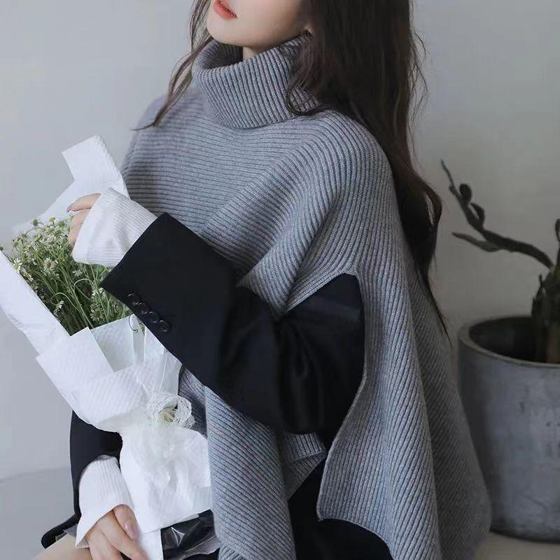 High Necked Irregular Women's Pullover Sweater Solid Color Ladies Cape Shawl Korean Style Simple Versatile Knitted Shawl