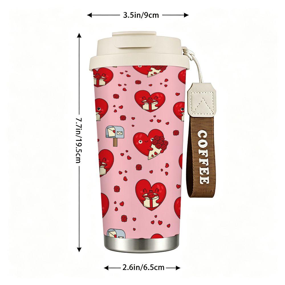 Cute Red Heart Pattern Insulated Coffee Tumbler Stainless Steel Vacuum Travel Mug Gift for Valentines Day Romantic Aesthetic Hot Cold Drink Cup