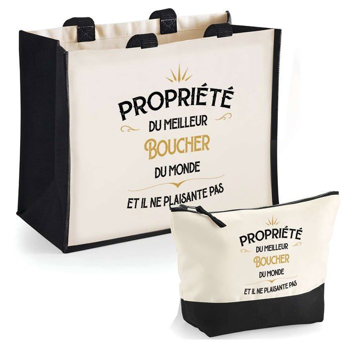 Duo cabas jute et trousse Propriété du Meilleur Boucher Cadeau Collègue Anniversaire Noël | Sac courses Pochette Maquillage Shopping