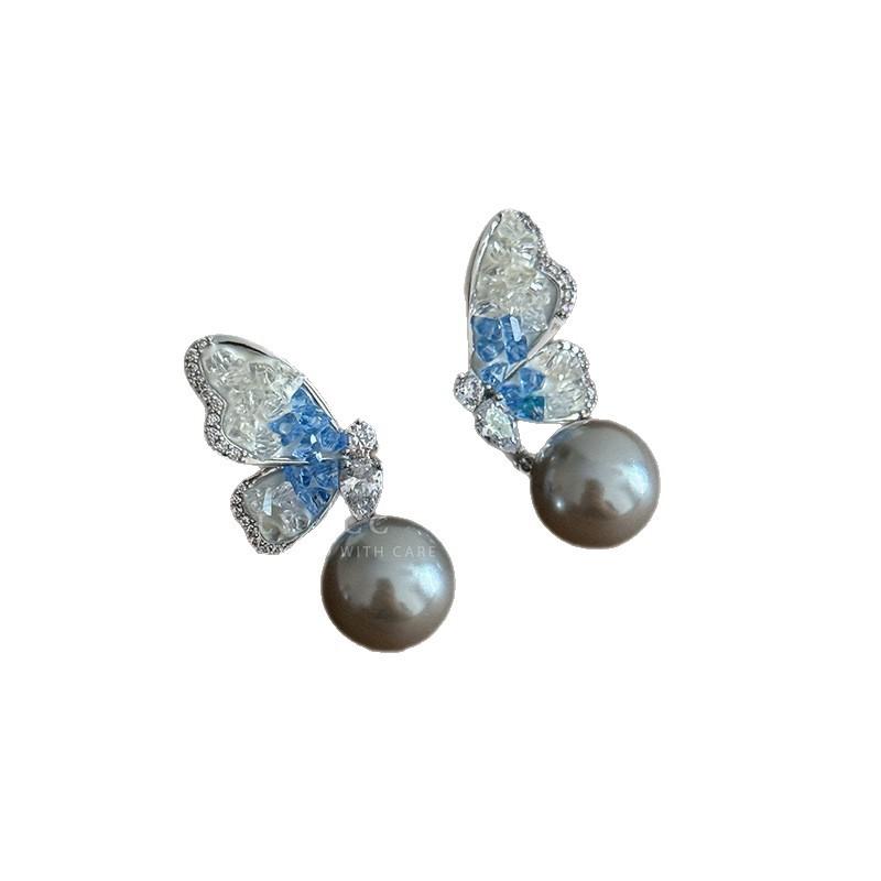 Ice blue broken diamonds butterfly gray pearl drooping stud earrings fairy light luxury cold gentle thin long dating earrings