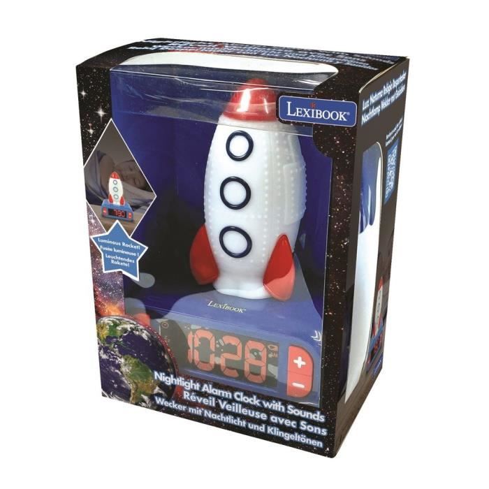 LEXIBOOK - Réveil veilleuse Fusée - Sons et mélodies, écran LCD rétro-éclairé et lumineux - Bleu, Blanc, Rouge