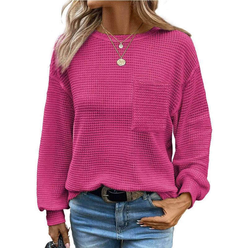 2026 Waffle Knit Round Neck Pocket Casual Loose T-shirt - TikTok Trendy