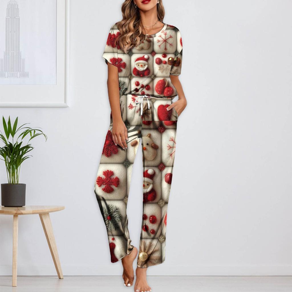 Женский шелковый атласный пижамный комплект с рождественским принтом, рубашка с коротким рукавом и длинные пижамные штаны, мягкая домашняя одежда