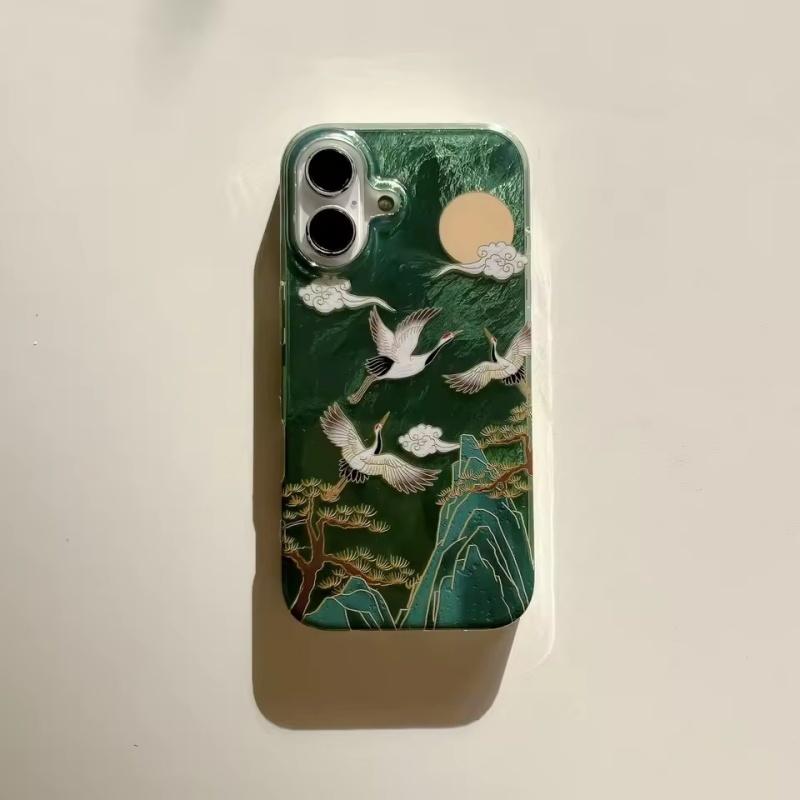 Благоприятный INS Зеленая Гора Китайский Стиль Журавль Кисточка Подвеска Чехол для Телефона для iPhone 17 16 15 14 13 Pro Max Задняя Крышка Телефона