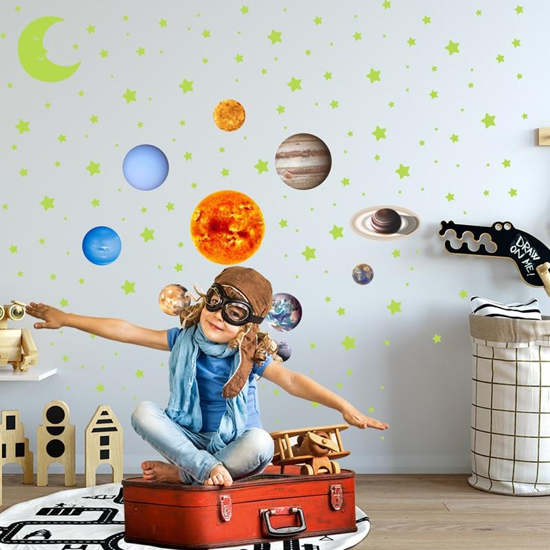 525PCS Box Packed Luminous Nine Planets Wall Sticker for Kids Bedroom Living Room Glow In The Dark DIY Party Home Decor