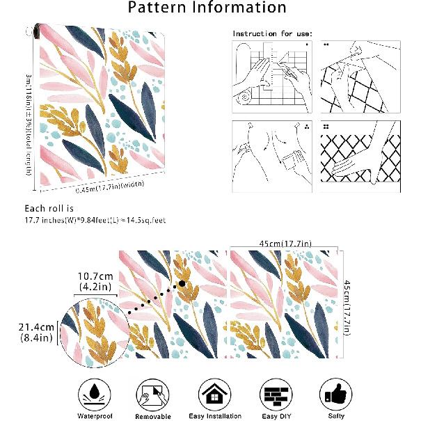 HAOKHOME Акварельный лес Самоклеящиеся обои Съемные Белые/Розовые/Темно-синие/Желтые Цветочные Виниловые Самоклеящаяся Подкладка для Полок 17.7 дюймов x 9.8 футов