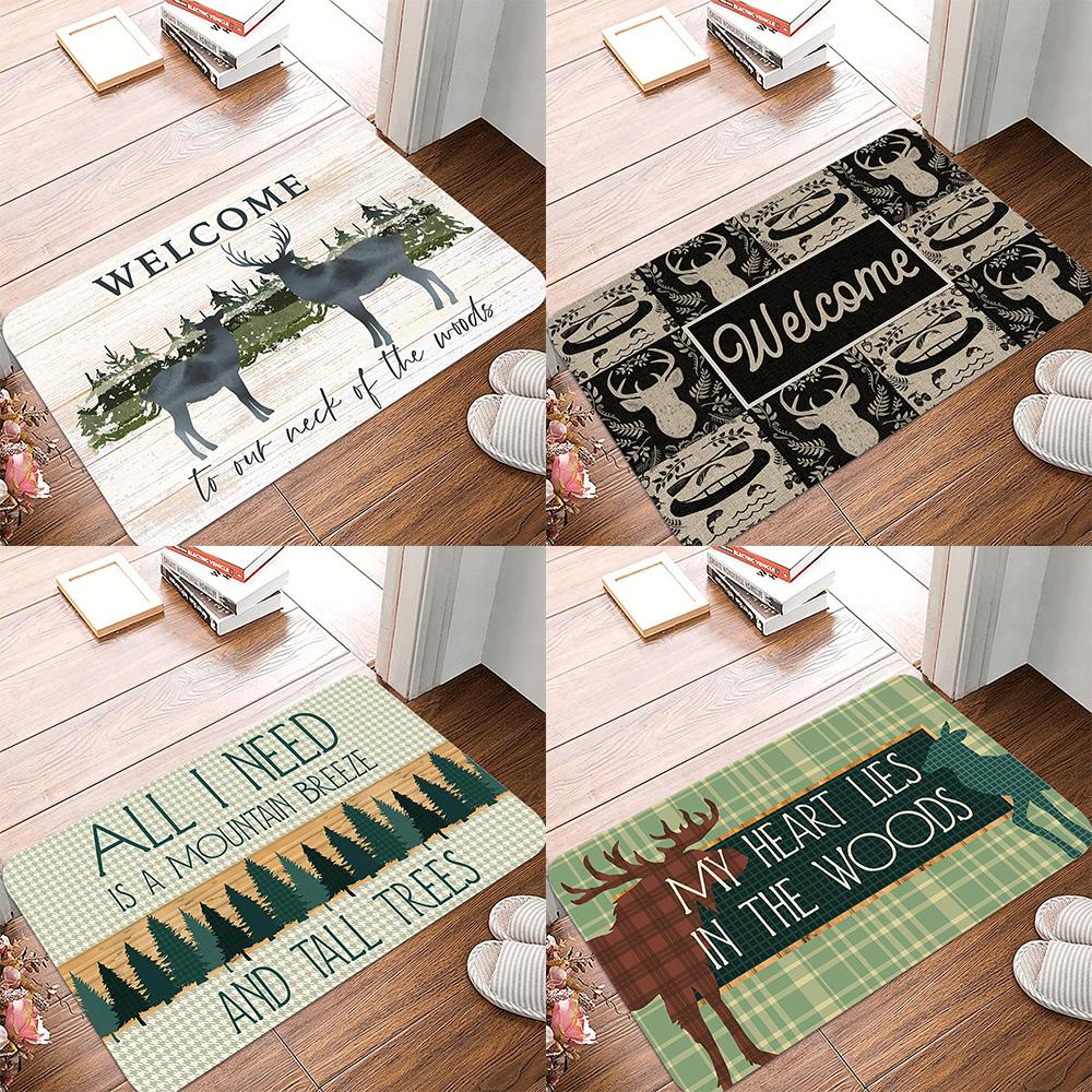 Vintage Wood Forest Deer Moose Elk Welcome Decorative Doormat,Wildlife Animal Deer Floor Mats,Farmhouse Decor For Home Bedroom