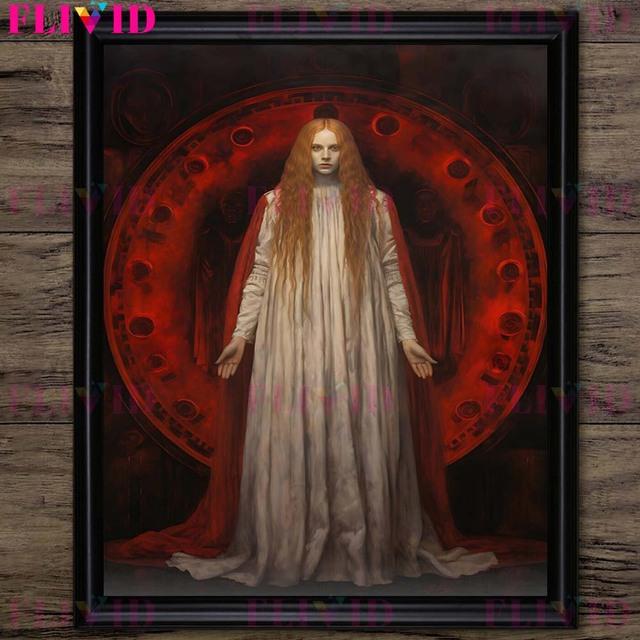 Красная жрица и магическая ведьма, душа, магия, поклонение, настенная живопись маслом, ужас, демон, готика, темное фэнтези, искусство