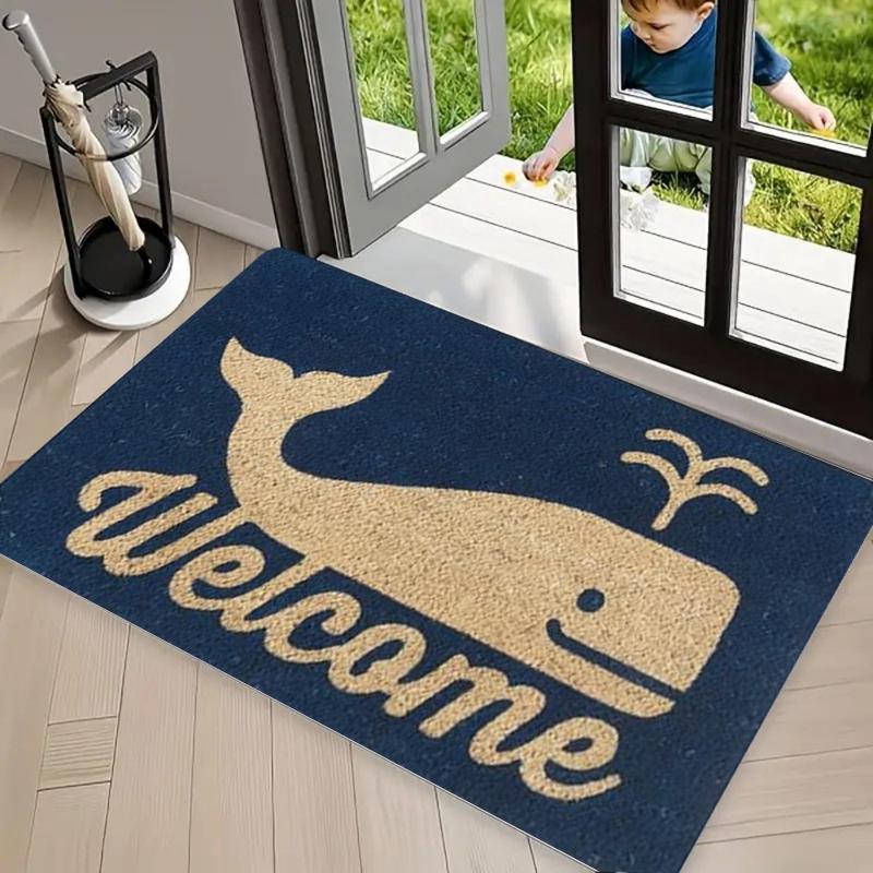 Ocean Whale Fish Welcome Print Coir Doormat, Non Slip Entrance Rug, Durable Washable Floor Mat for Front Door Porch Patio Decor