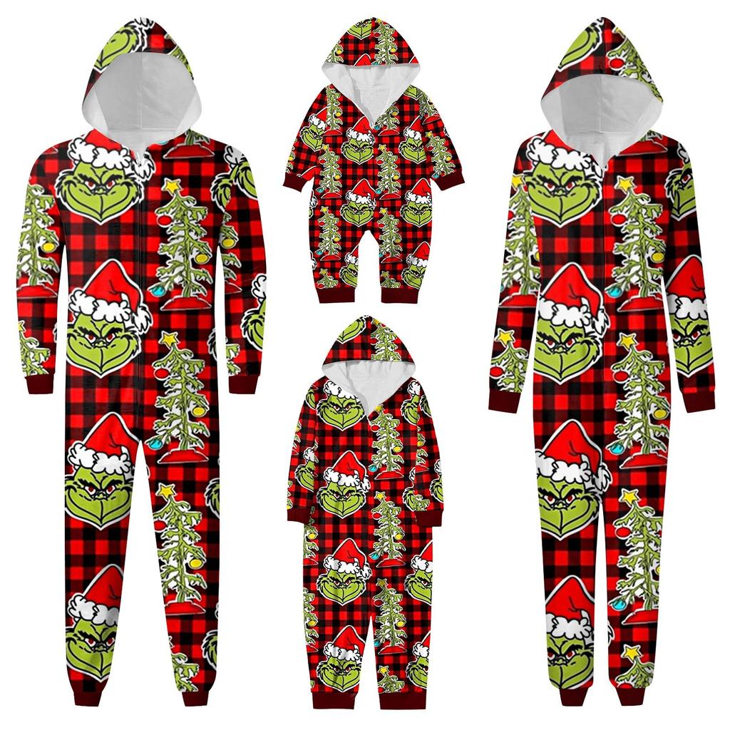 Fashion Printed Family Matching Hooded Long Sleeved Zippered Hooded  Jumpsuit Set