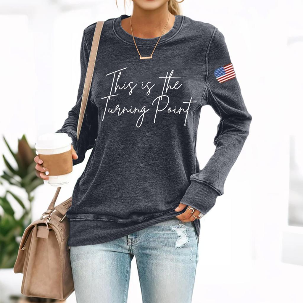 (THIS IS THE TURNING POINT) Women's Fashionable Casual Long-sleeved Printed Round Neck Sweatshirt Top