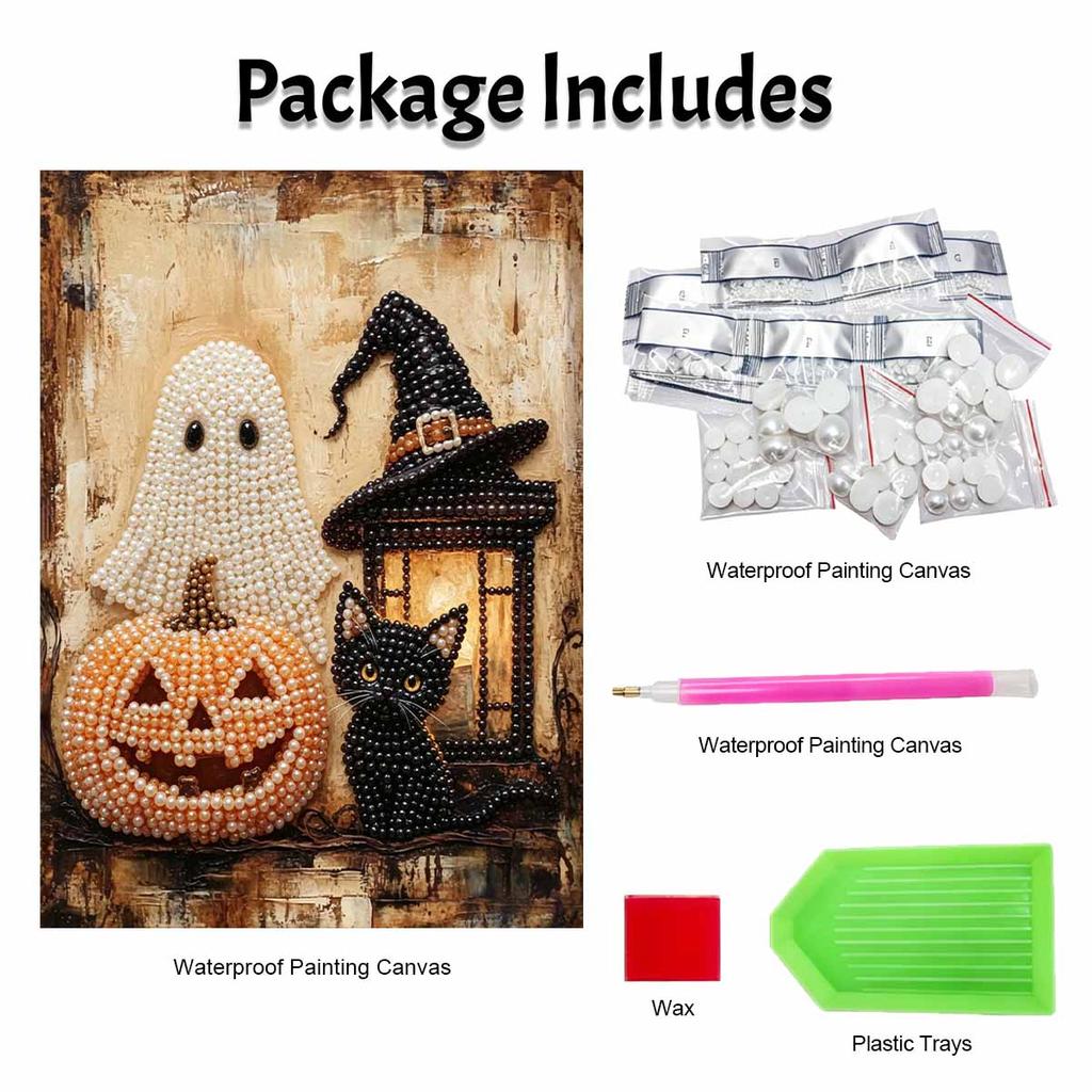 Halloween pearl painting art full pearl handmade diy home decorations featuring ghost pumpkin witch hat black cat lantern