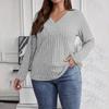 Women's Solid Color Plus Size Cross V-Neck Long Sleeved Pullover T-shirt Top