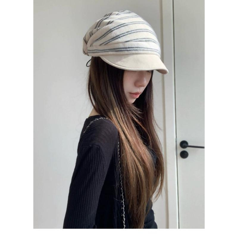 Women S Retro Striped Baseball Cap Autumn Warm Fashion Versatile Korean Style