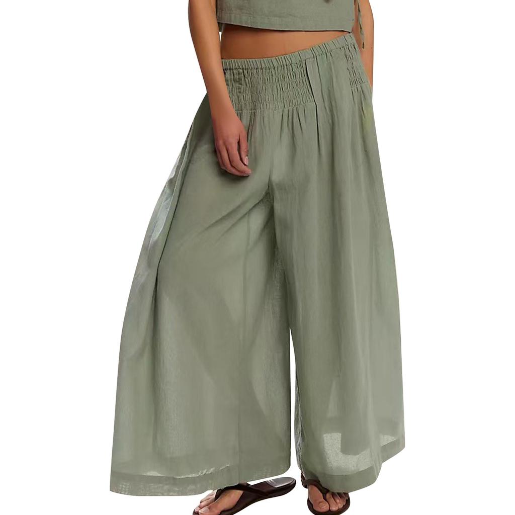 Женские льняные брюки с широкими штанинами, эластичные брюки-палаццо с высокой талией, повседневная свободная одежда для пляжного отдыха с карманами