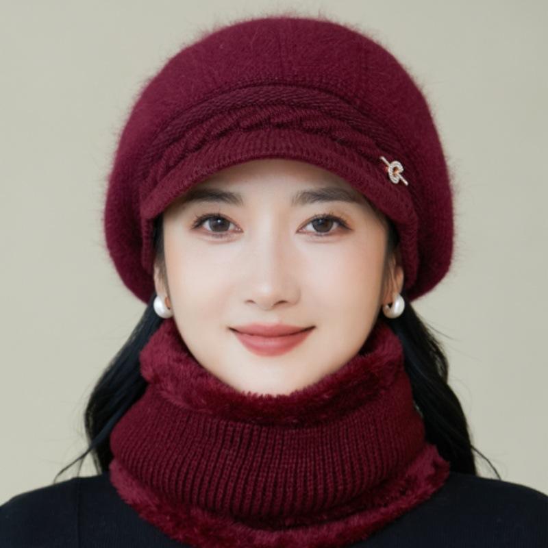 Women's Winter Velvet Thickened Cold and Warm Knitted Wool Hat Faux Rabbit Fur Hat Ear Protector Cap