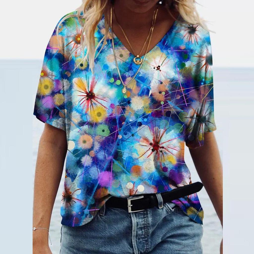 Fashion Spring Flower Print Blouses Short Sleeved V-Neck T Shirts Casual