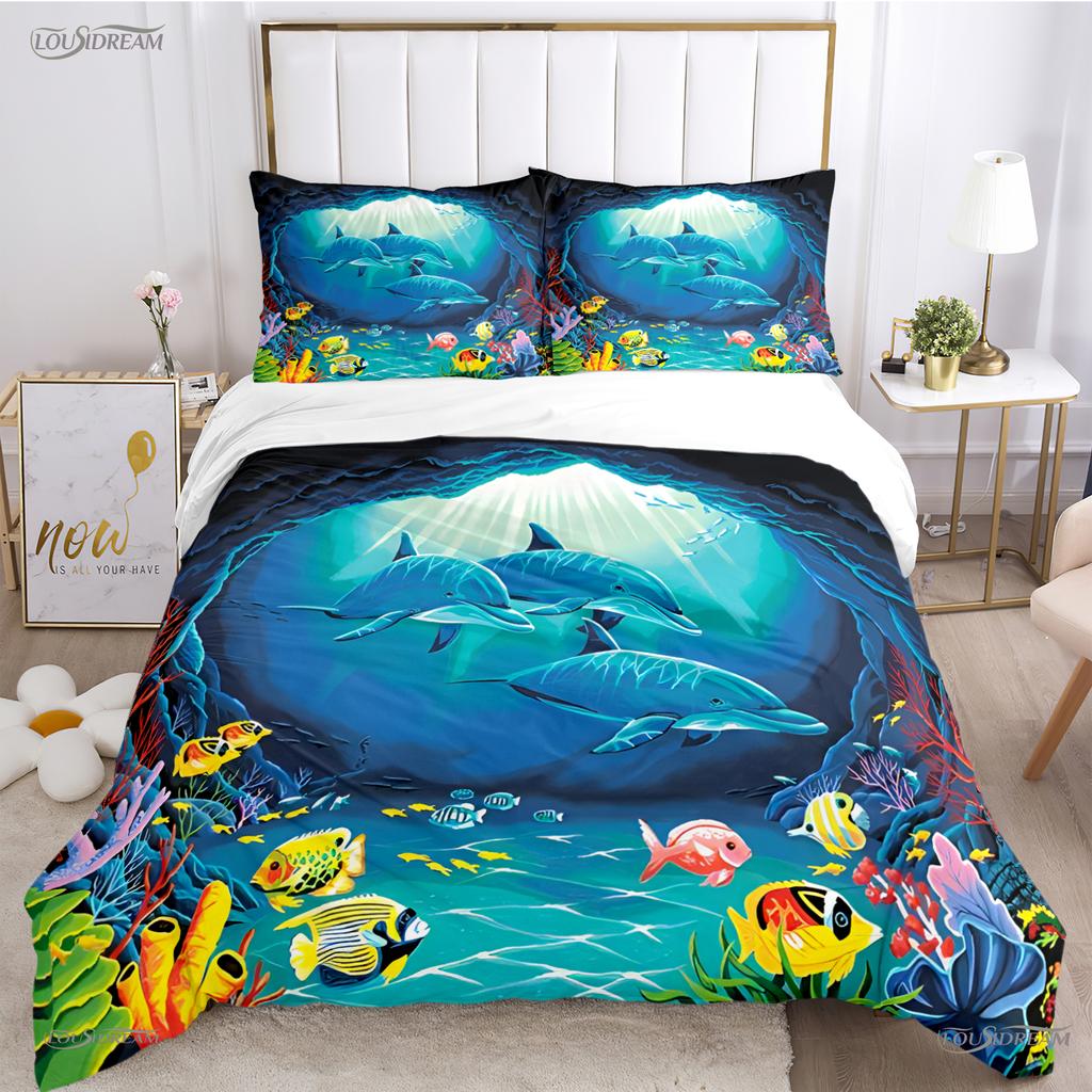 3D Ocean World Dolphin Whale Fish Duvet Cover Comforter Beding Set Soft Quilt Cover and Pillowcase for Single/Double/Queen/King