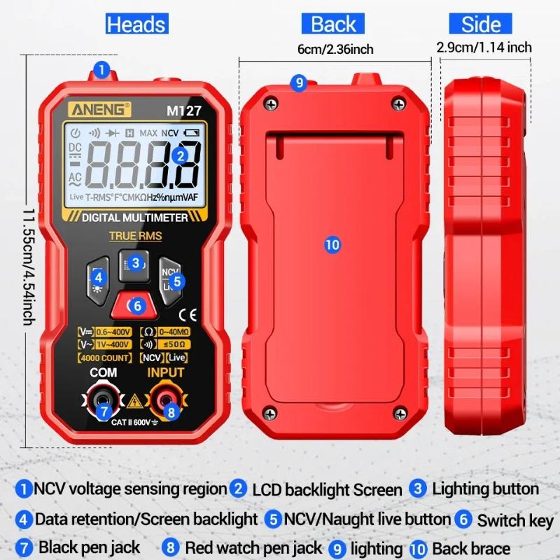 ANENG M127 Digital Multimeter 4000 Counts True RMS Auto Range NCV Voltage Tester Free Gift B15 Voltage Test Pen Electrician Tools with Digital Display
