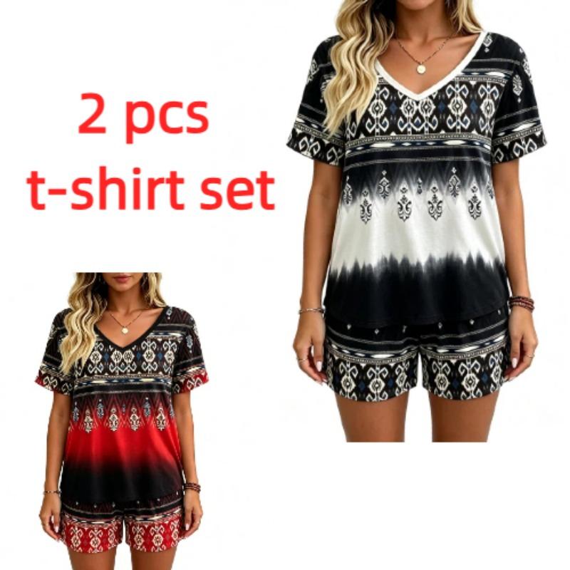 European and American Summer Fashion Ethnic Patterns Printed V Neck Short Sleeved T-Shirt And Shorts Set Women's and Men's T-shirt Shorts Set