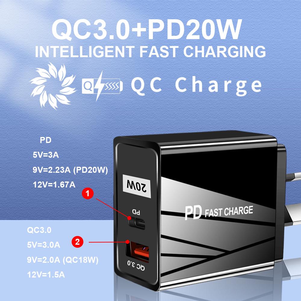 Двойное быстрое USB-зарядное устройство - 5В/9В/12В, QC3.0+PD, стандарты ЕС/США