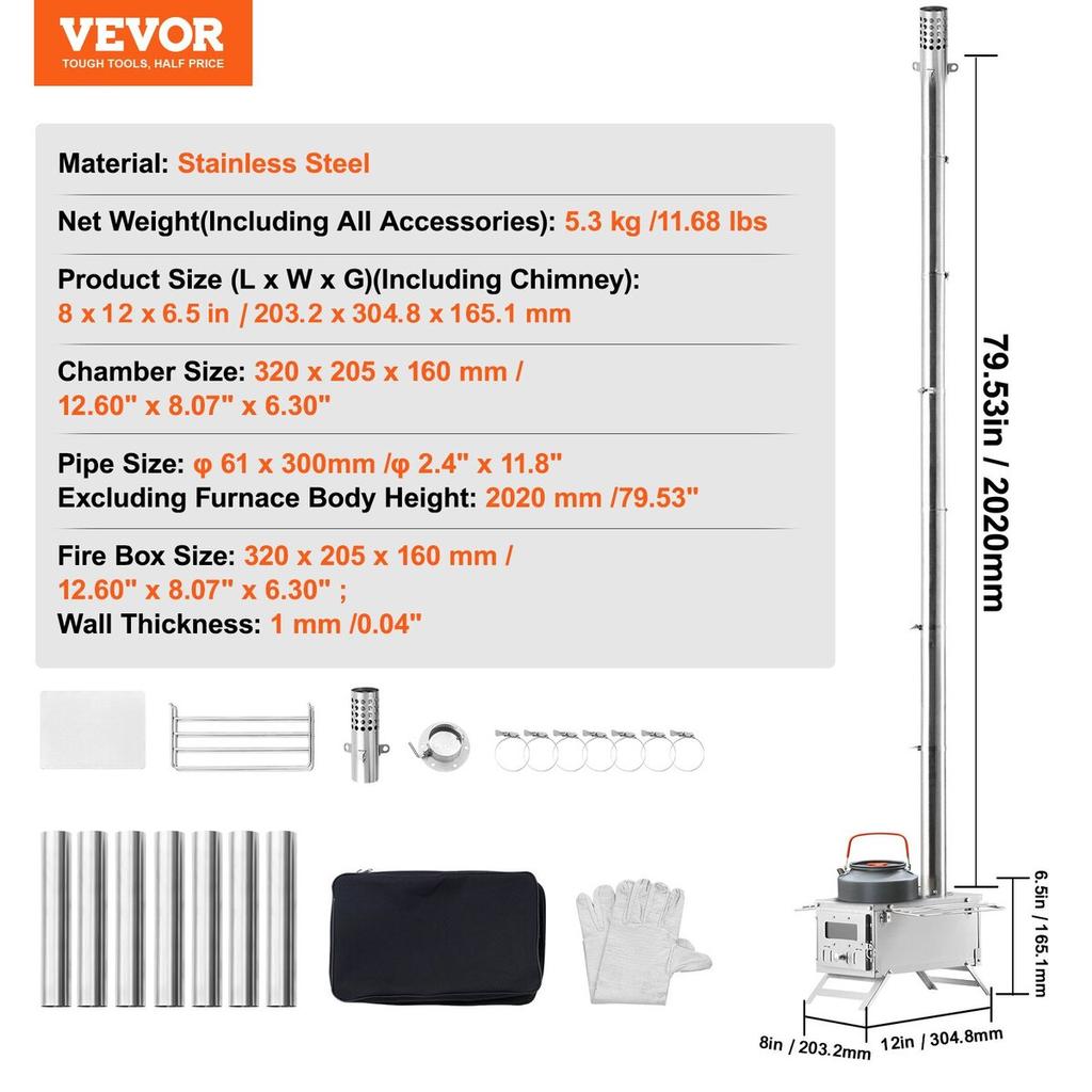 Wood Stove, 80 inch, Stainless Steel Camping Tent Stove, Portable Wood Burning Stove with Chimney Pipes & Gloves, 700in³Firebox Hot Tent Stove for