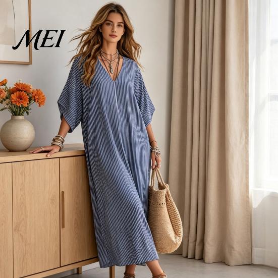 Soft Casual Dress Women V-Neck Striped Dress, Summer Half Sleeve Ankle V-neck Loose Length Swing for Beach Vacation Daily Wear