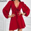 Women's Fashion Spring Fall Solid Color Print Long Sleeve V-Neck High Waist Casual Dresses